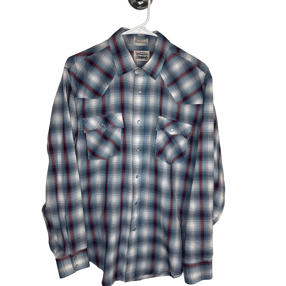 LEVI STRAUSS & Co. Men’s L Western Blue Red Plaid Long Sleeve Cotton Snap Shirt